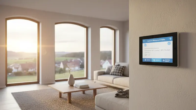 Modernes Wärmepumpen-Display mit Betriebsdaten und Smart-Home-Steuerung