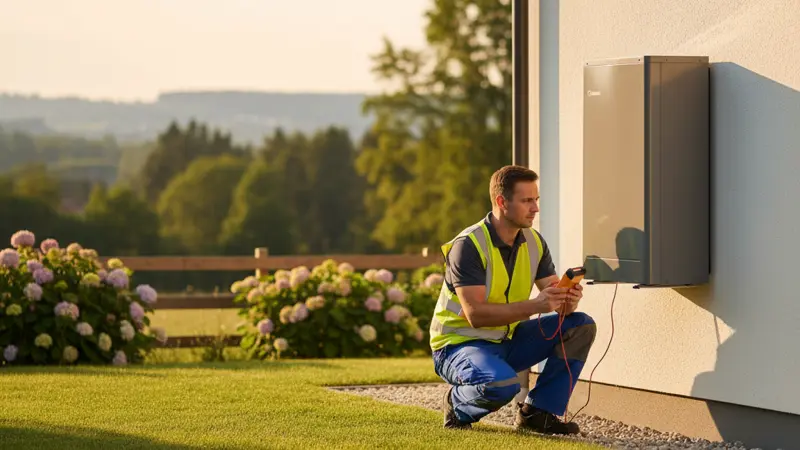 Techniker prüft Wärmepumpen-Außeneinheit an einem modernen Einfamilienhaus