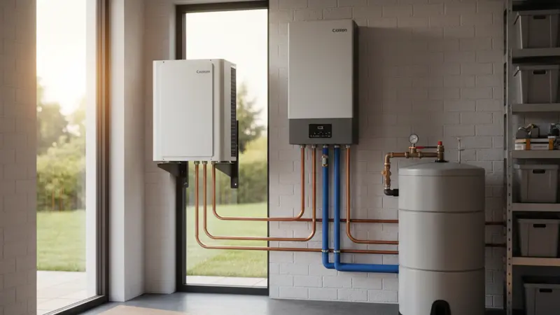 Wolf BWL-1S Split-System mit Außengeraet und Inneneinheit in einem technischen Heizungsraum