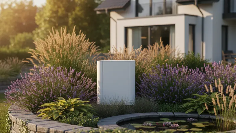 Wolf CHA Monoblock Wärmepumpe im Garten eines Einfamilienhauses mit Bepflanzung