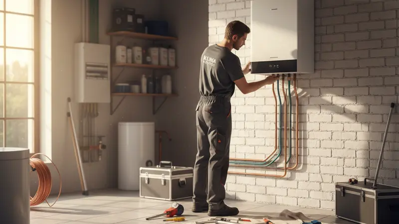 Fachbetrieb-Mitarbeiter installiert Wolf Wärmepumpe in einem Heizungsraum