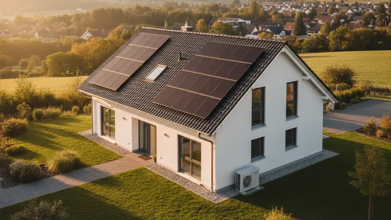 Einfamilienhaus mit Solaranlage auf dem Dach und Wolf Wärmepumpe im Garten