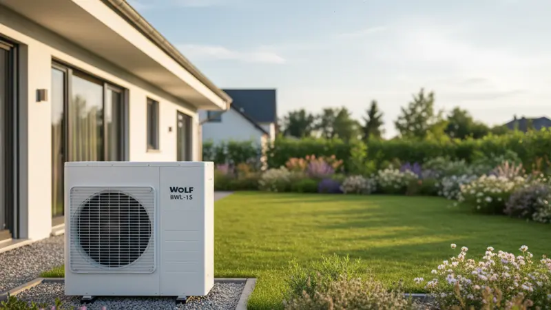 Wolf Wärmepumpe Außengerät BWL-1S vor einem modernen Einfamilienhaus im Garten