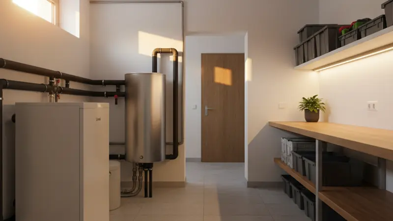 Wolf BWL-1S Inneneinheit mit Pufferspeicher in einem aufgeräumten Heizungsraum
