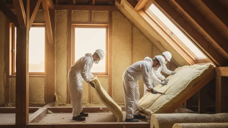 Handwerker bei der Installation von Mineralwolle-Dämmung zwischen Dachsparren