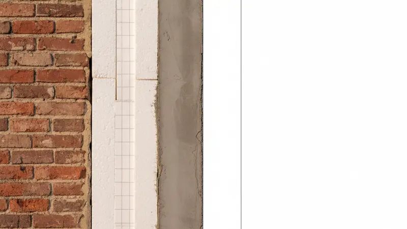 Querschnitt durch einen gedämmten Altbau-Wandaufbau mit Dämmplatten und Putz