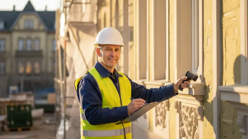 Energieberater bei der Inspektion einer Altbau-Fassade mit Klemmbrett
