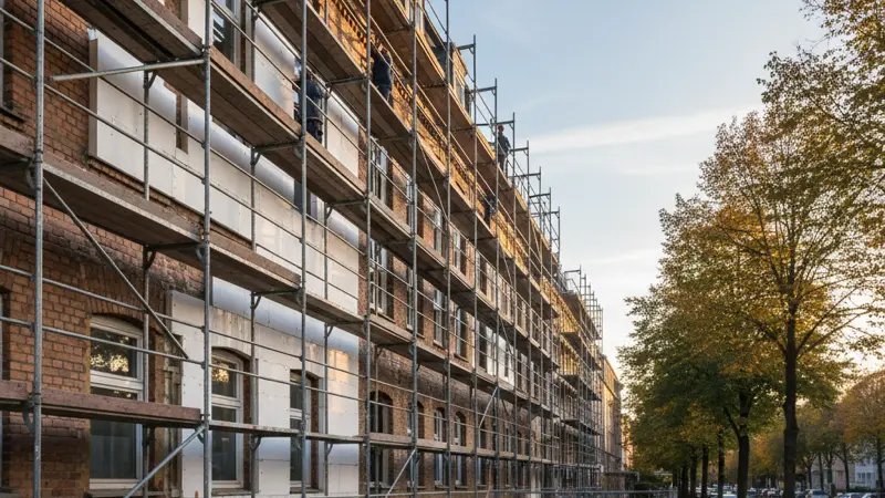 Altbau mit Gerüst und Fassadendämmung bei der Sanierung