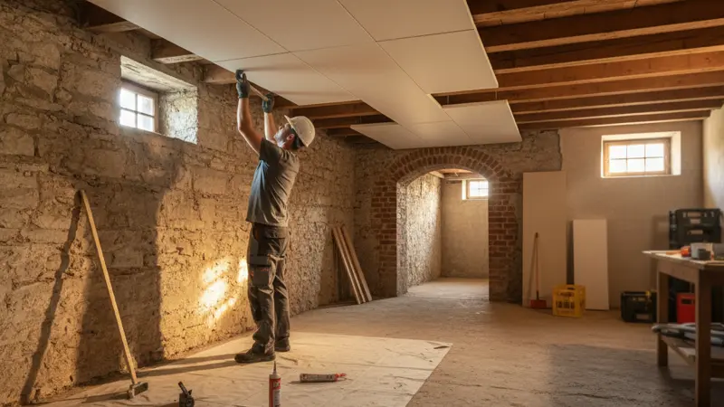 Handwerker bringt Dämmplatten an einer Kellerdecke an