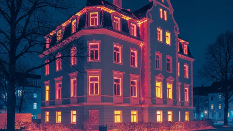 Thermografie-Aufnahme eines Altbaus mit sichtbaren Wärmeverlusten an Fenstern und Wand