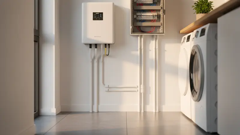 Moderner Wechselrichter montiert an einer Hauswand neben dem Sicherungskasten