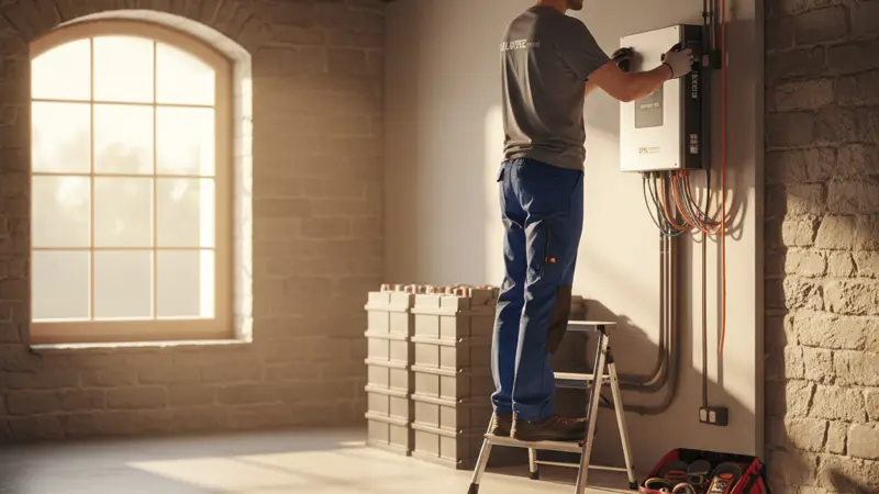 Elektrofachbetrieb installiert einen Wechselrichter im Hauswirtschaftsraum