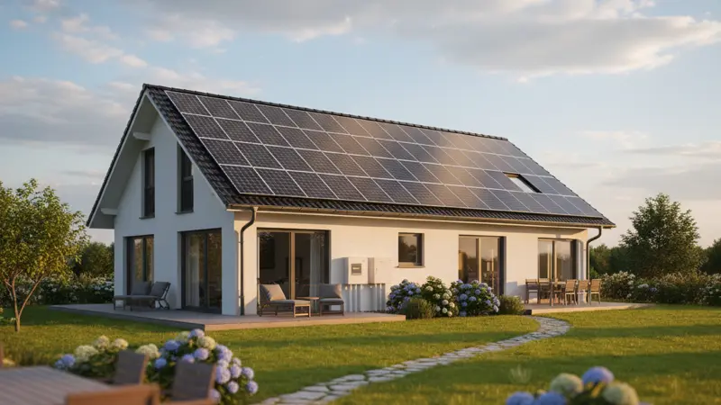 Solaranlage auf dem Dach eines Einfamilienhauses mit Blick auf den Wechselrichter im Keller