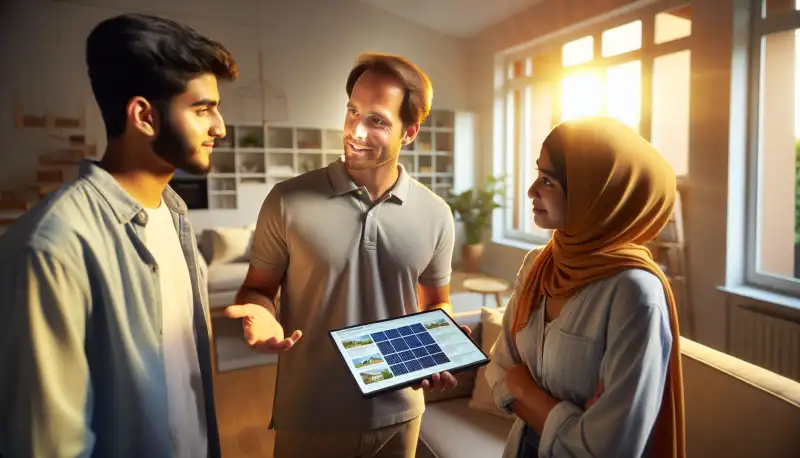 Solarberatung bei einer Familie in Aachen, Berater zeigt Tablet mit Anlagenplanung