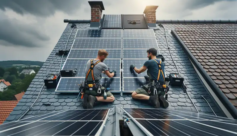 Solarmodule werden auf einem Aachener Hausdach montiert, Handwerker in Sicherheitsausrüstung