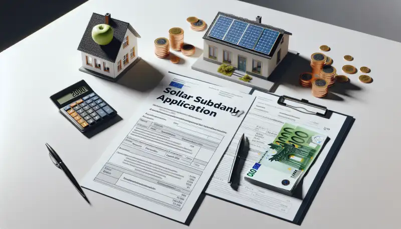 Förderunterlagen und Rechner für Solaranlage Aachen auf einem Schreibtisch