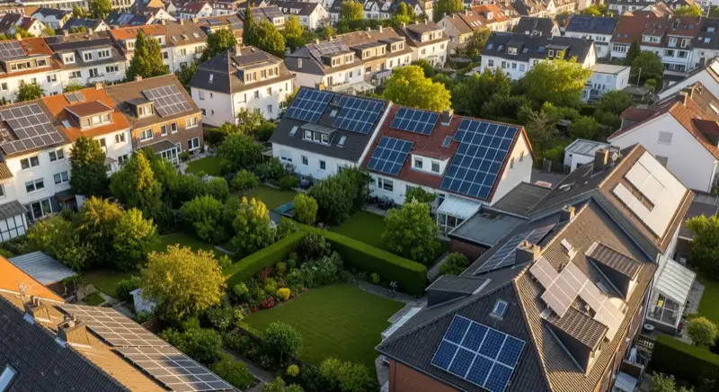 Aerial drone view of typical German residential neighborhood with mixed roof types, red and dark roof tiles, gardens visible, sunny day