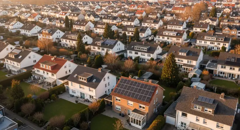 Aerial drone view of typical German residential neighborhood with mixed roof types, red and dark roof tiles, gardens visible, sunny day
