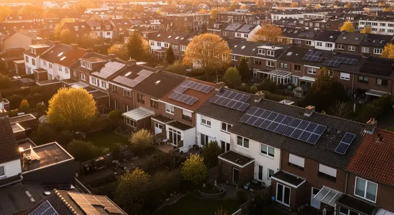 Aerial drone view of typical German residential neighborhood with mixed roof types, red and dark roof tiles, gardens visible, sunny day