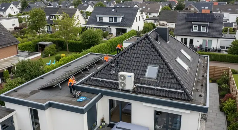 Installateur bei Dachmessung und technischer Begutachtung an Einfamilienhaus in Aachen