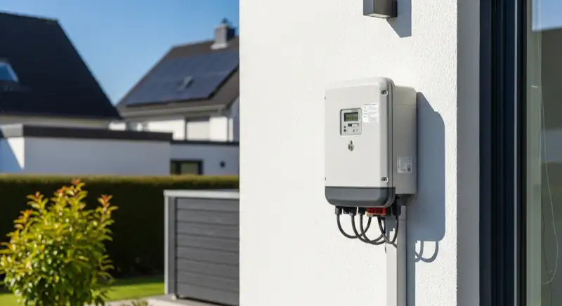 Modern German electrical meter cabinet (Zählerschrank) with smart meter and solar inverter connection, clean technical installation