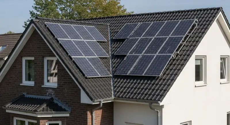 Moderne monokristalline PV-Module auf einem Einfamilienhaus-Dach in Aachen