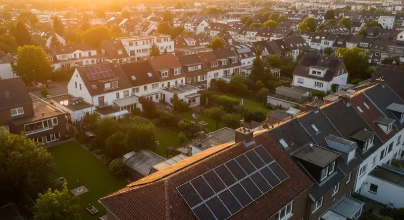 Aerial drone view of typical German residential neighborhood with mixed roof types, red and dark roof tiles, gardens visible, sunny day