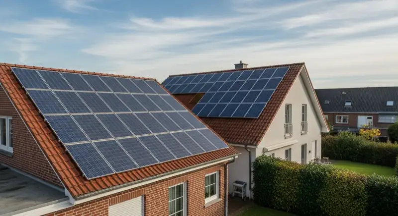 Servicetechniker bei der Wartung einer Photovoltaikanlage auf einem Einfamilienhaus in Aachen