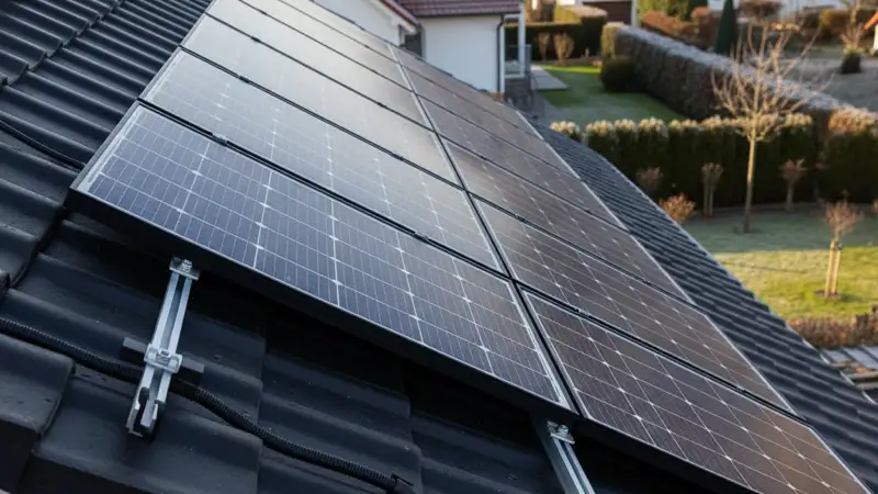 Installateur montiert Solarmodule auf einem geneigten Hausdach in Aalen