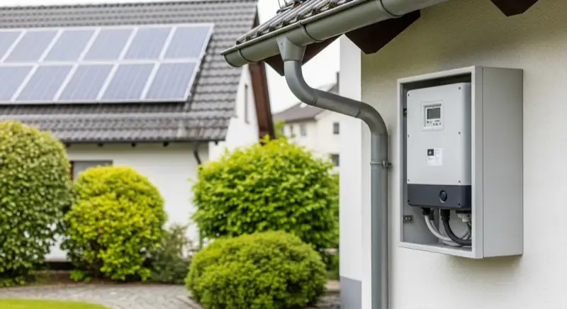 Modern German electrical meter cabinet (Zählerschrank) with smart meter and solar inverter connection, clean technical installation