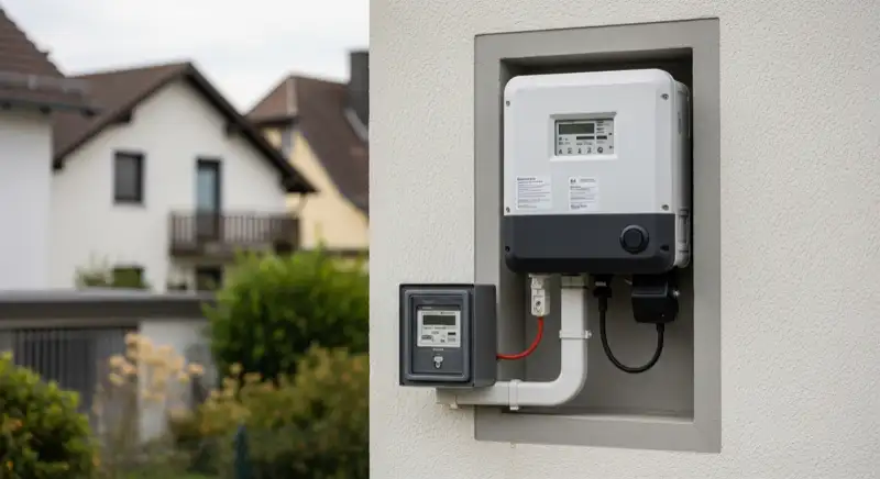 Modern German electrical meter cabinet (Zählerschrank) with smart meter and solar inverter connection, clean technical installation
