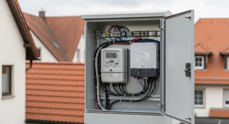Modern German electrical meter cabinet (Zählerschrank) with smart meter and solar inverter connection, clean technical installation
