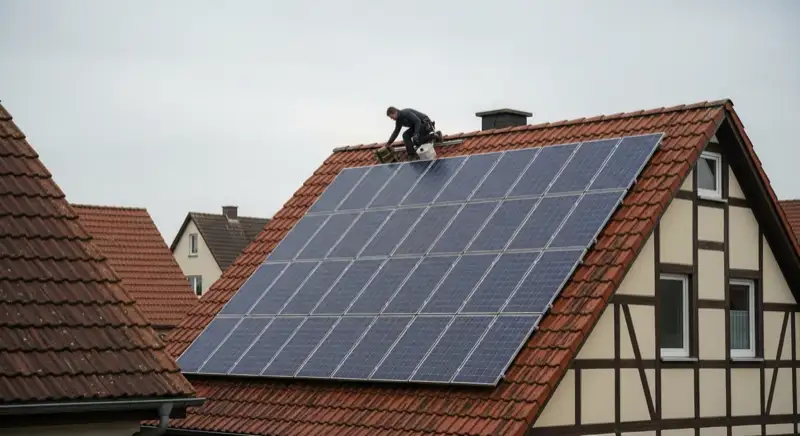 Installateur auf großem Satteldach eines Nebengebäudes im ländlichen Ahaus