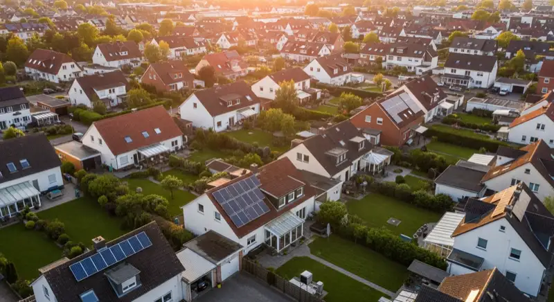 Aerial drone view of typical German residential neighborhood with mixed roof types, red and dark roof tiles, gardens visible, sunny day