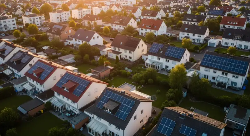 Aerial drone view of typical German residential neighborhood with mixed roof types, red and dark roof tiles, gardens visible, sunny day