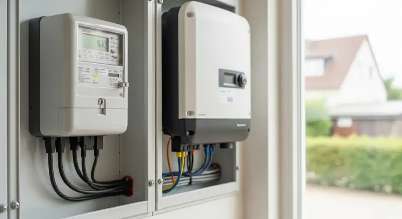 Modern German electrical meter cabinet (Zählerschrank) with smart meter and solar inverter connection, clean technical installation