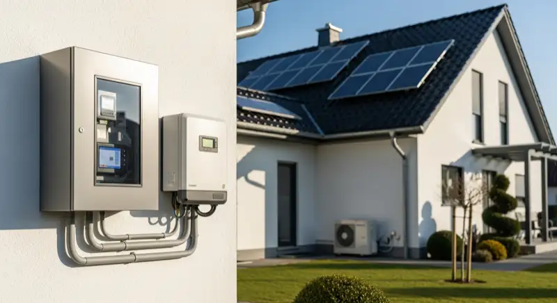 Modern German electrical meter cabinet (Zählerschrank) with smart meter and solar inverter connection, clean technical installation