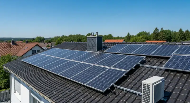 Zwei Installateure montieren Solarmodule auf einem Einfamilienhaus-Dach in Ahlen