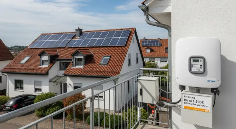 Modern German electrical meter cabinet (Zählerschrank) with smart meter and solar inverter connection, clean technical installation