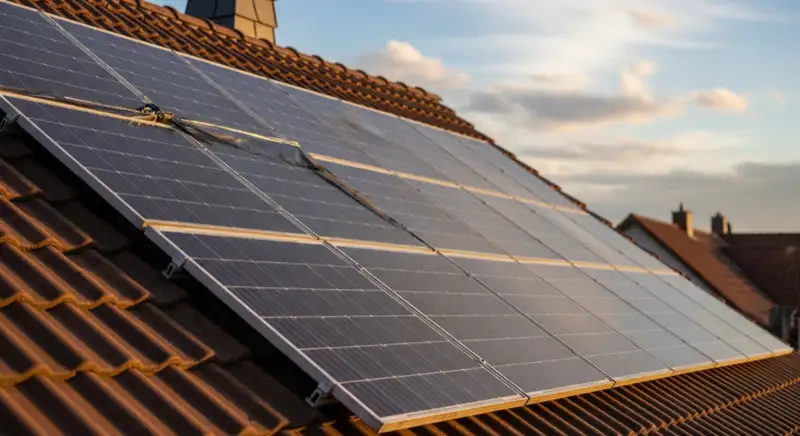 Close-up of photovoltaic solar panels installed on a traditional German Satteldach (gabled roof), blue sky with some clouds