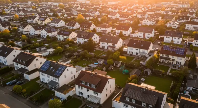 Aerial drone view of typical German residential neighborhood with mixed roof types, red and dark roof tiles, gardens visible, sunny day