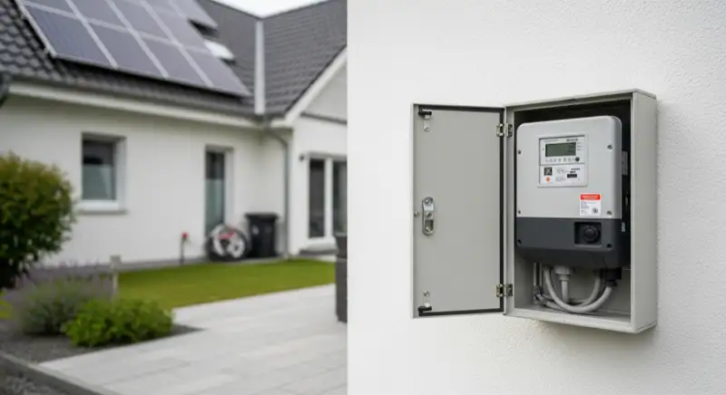 Modern German electrical meter cabinet (Zählerschrank) with smart meter and solar inverter connection, clean technical installation