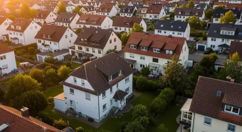 Aerial drone view of typical German residential neighborhood with mixed roof types, red and dark roof tiles, gardens visible, sunny day