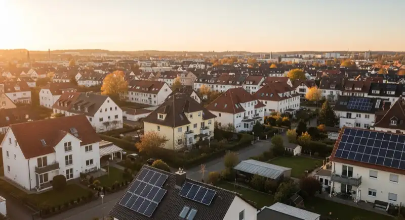 Aerial drone view of typical German residential neighborhood with mixed roof types, red and dark roof tiles, gardens visible, sunny day