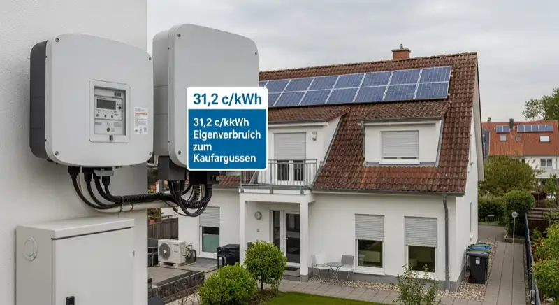 Modern German electrical meter cabinet (Zählerschrank) with smart meter and solar inverter connection, clean technical installation
