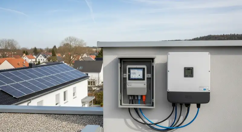 Modern German electrical meter cabinet (Zählerschrank) with smart meter and solar inverter connection, clean technical installation