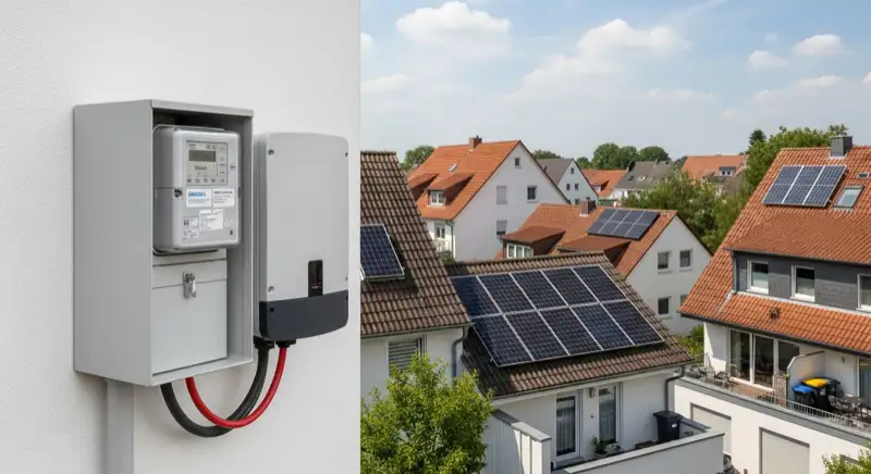 Modern German electrical meter cabinet (Zählerschrank) with smart meter and solar inverter connection, clean technical installation