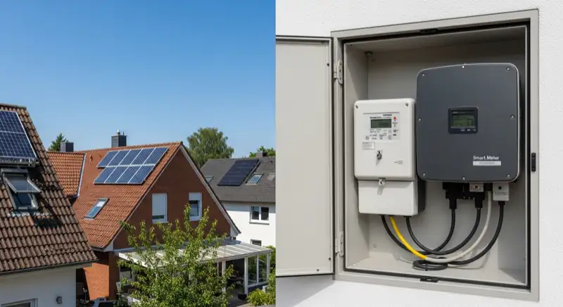 Modern German electrical meter cabinet (Zählerschrank) with smart meter and solar inverter connection, clean technical installation