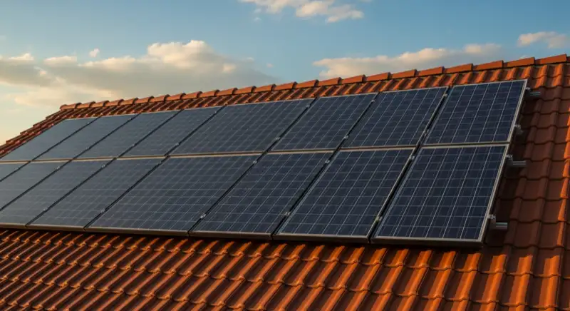 Close-up of photovoltaic solar panels installed on a traditional German Satteldach (gabled roof), blue sky with some clouds