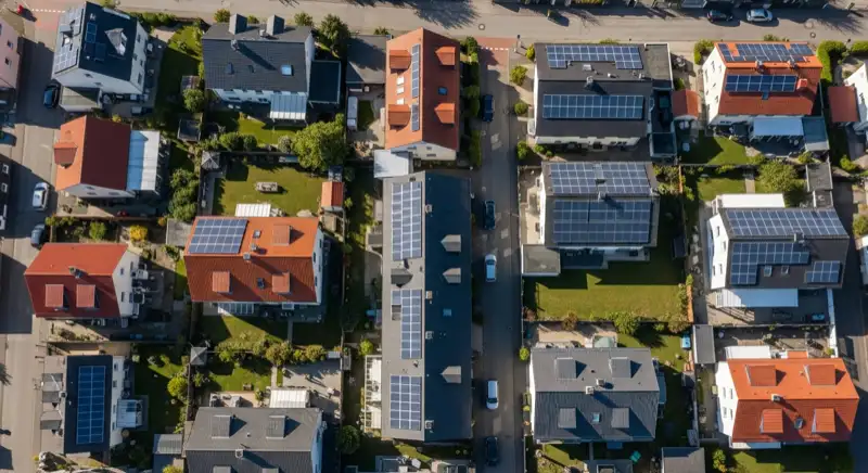 Aerial drone view of typical German residential neighborhood with mixed roof types, red and dark roof tiles, gardens visible, sunny day